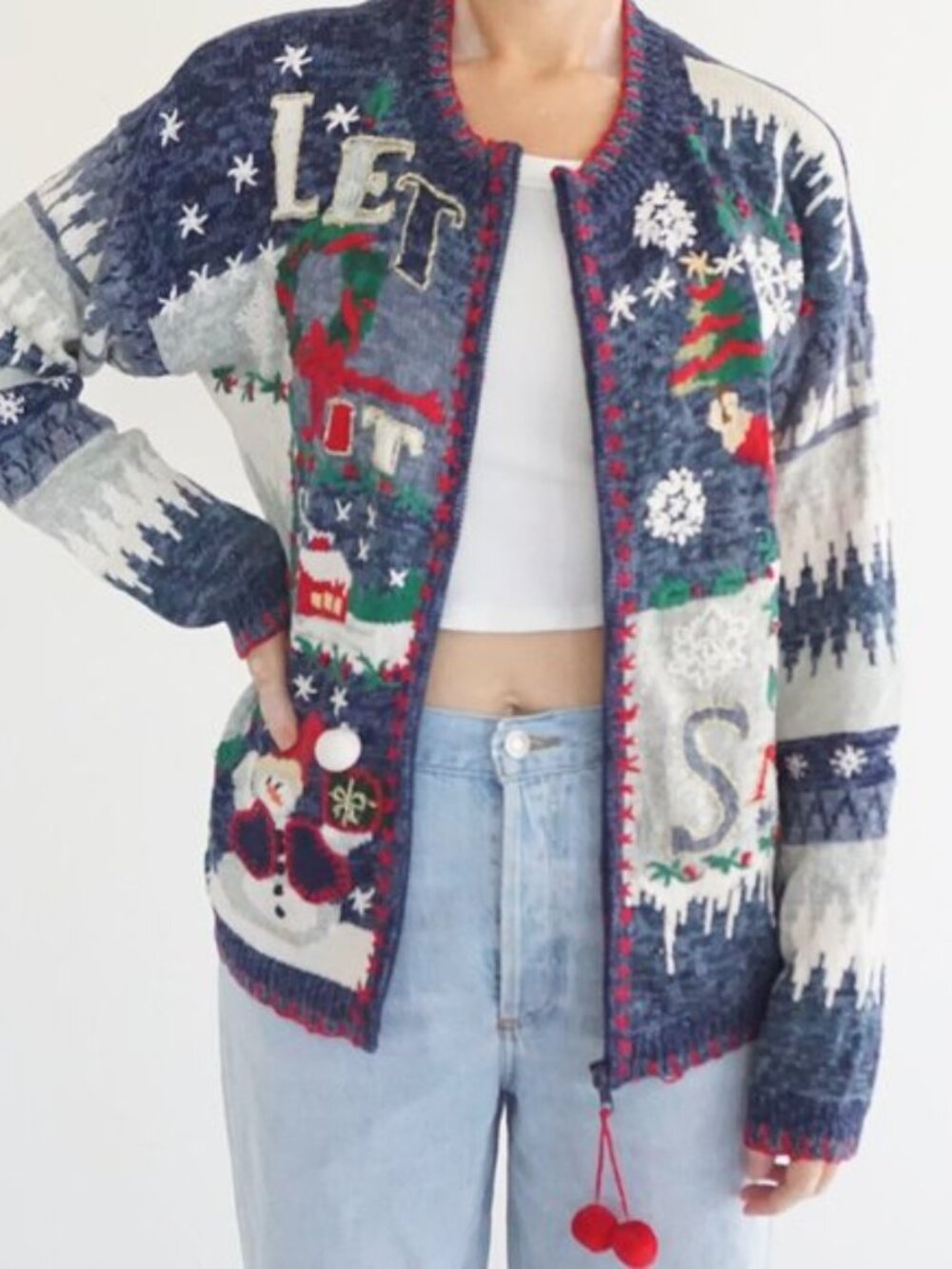 Vintage Heirloom Blue Knit Christmas Tree Santa Snowflake Holiday Cardigan M